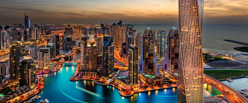 Dubai Marina, Cityscape, Skyline, Skyscrapers, Buildings, City lights, Sunset, Night, Dubai, 5K