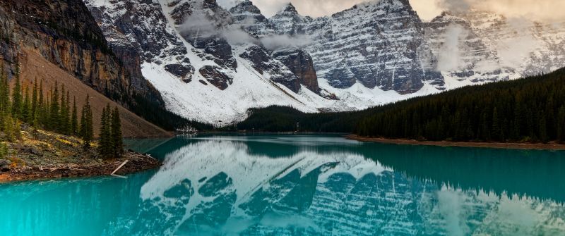 Banff National Park, Moraine Lake, Scenery, Mountains, Reflection, Snow covered, Forest, Alberta, Canada