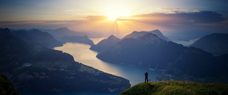 Lake Lucerne, Landscape, Mountains, Sunset, Switzerland