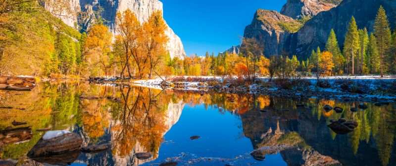 Yosemite National Park, Scenery, Landscape, Lake, Reflections, Autumn, Sunny day, Cliff, Rocks, California, 5K