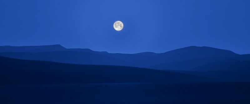 Full moon, Silhouette, Mountain range, Night sky, Landscape, 5K