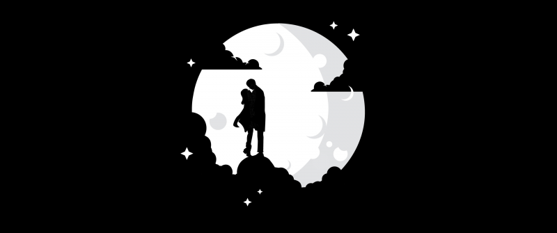 Couple, AMOLED, Silhouette, Moon, Black background, Simple