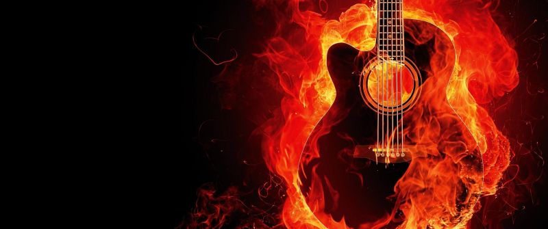 Flaming Guitar, Black background, Musical instrument, Fire, Digital Art, Burning