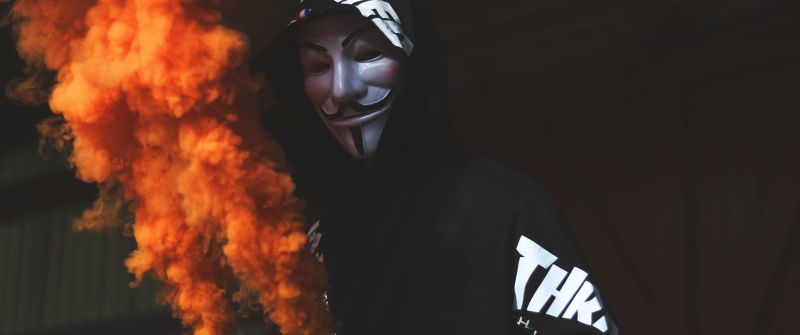Guy Fawkes mask, Man in Mask, Black Hoodie, Orange Smoke, Dark background, Anonymous, 5K