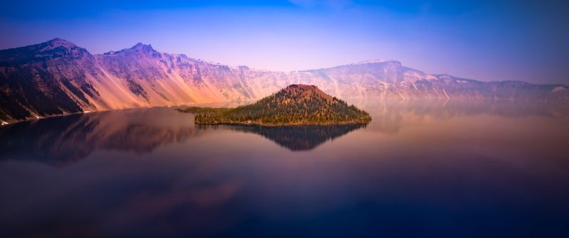 Crater Lake, 5K, Oregon, United States, Island, Body of Water, Dawn, Sunset, Blue Sky, Mountain range, Landscape, Scenery, Reflection