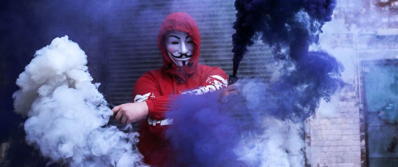 Man in Mask, Red Hoodie, Smoke can, Anonymous, Smoke Backgrounds, Purple, 5K