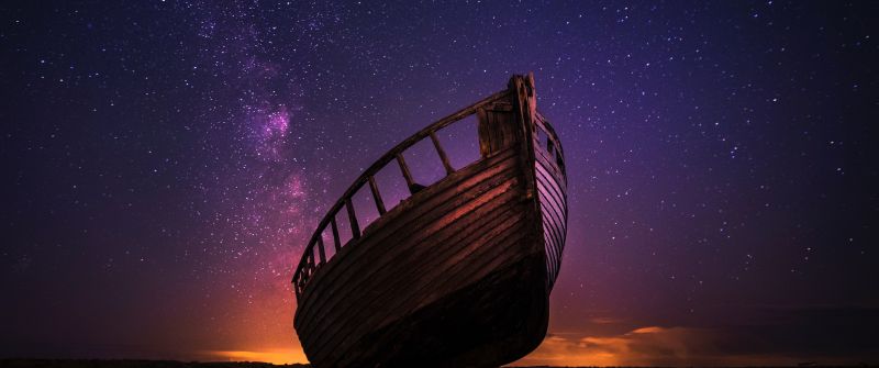 Wrecked Boat, Sailing boat, Night time, Starry sky, Milky Way, Outer space, Seashore, 5K