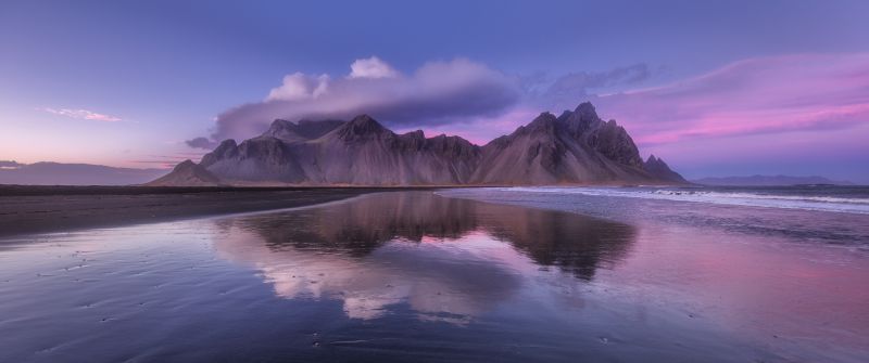 Vestrahorn mountain, Iceland, Sunset, Cloudy Sky, Body of Water, Reflection, Scenery, Landscape, 5K, Stokksnes