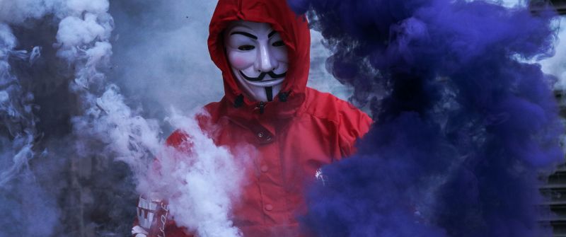 Man in Mask, Smoke Backgrounds, Purple Smoke, Red Jacket, Smoke Grenade, Anonymous, 5K