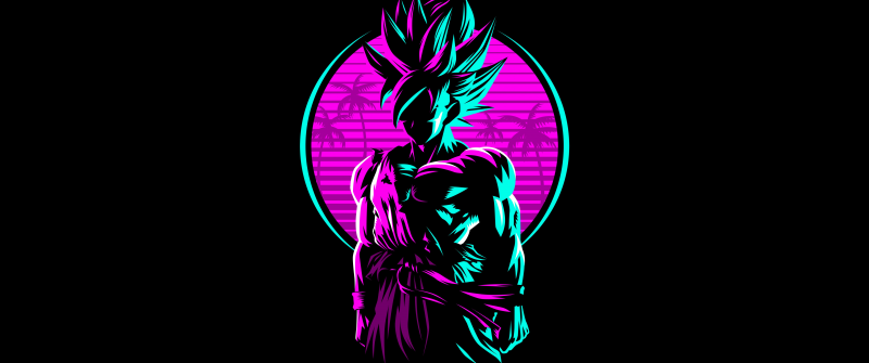 Goku, Dragon Ball, AMOLED, Retro, Artwork, Neon, Black background, 5K