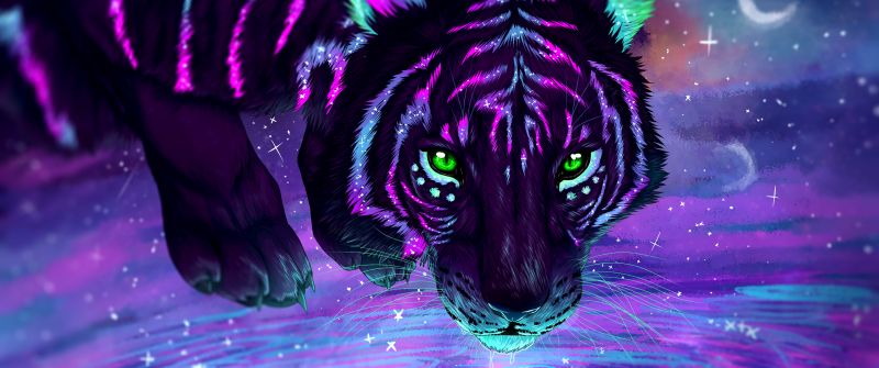 Tiger, Neon, Digital paint, Glowing