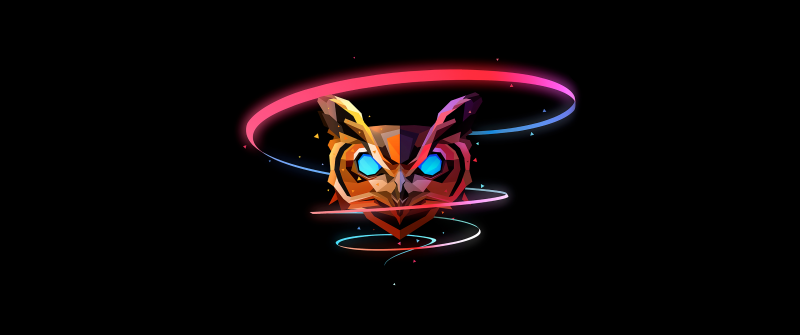 Colorful Owl, Low poly, Artwork, AMOLED, Black background, Neon