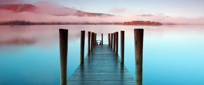 Wooden pier, Scenic, Sunrise, Morning, Seascape, River, Lake, Mist, 5K