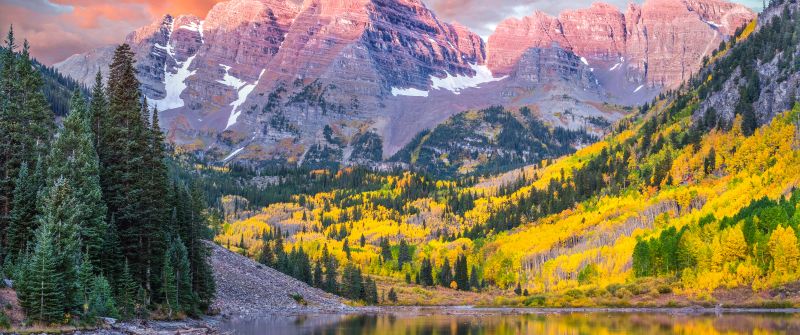 Maroon Bells, Lake, Peaks, Elk Mountains, North Maroon Peak, Scenic, Daytime, Scenery, 5K, 8K