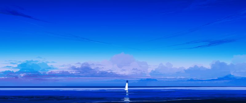 Alone, Panoramic, Beach, Lonely, Mood, Blue Sky, Horizon, 5K
