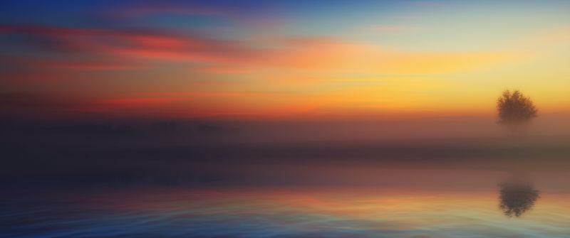 Horizon, Landscape, River, Morning fog, Crescent Moon, 5K