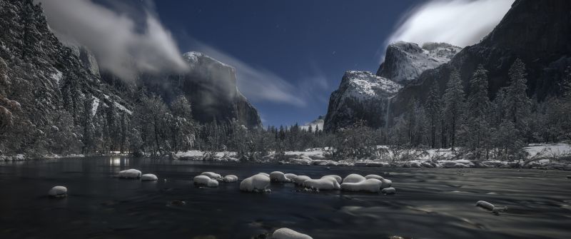 Yosemite National Park, Landscape, Winter, River, Evening, 5K, 8K