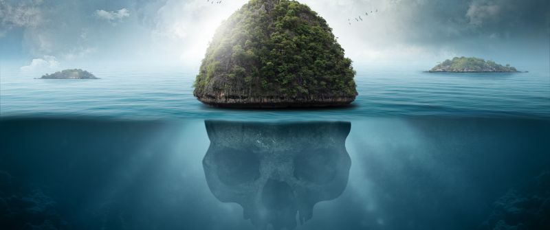 Skull, Island, Seascape, Tropical, Caribbean, Surreal, Blue, 5K
