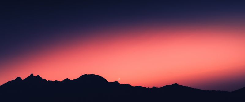 Silhouette Mountain, Sunset, Orange sky, Mountain range, Moon, Dusk, 5K
