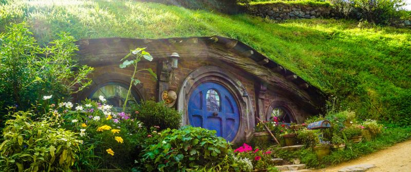 Hobbiton Movie Set, New Zealand, The Lord of the Rings, Hobbit film, Green House, Beautiful, Sun rays, Greenery, 5K