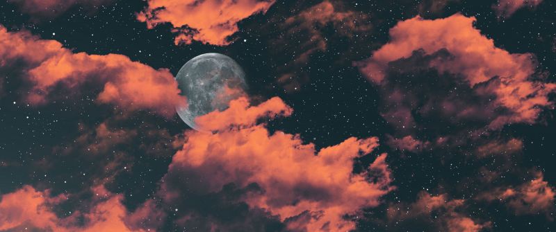 Full moon, Dark background, Cloudy Sky, Stars, Digital Art, 5K, 8K