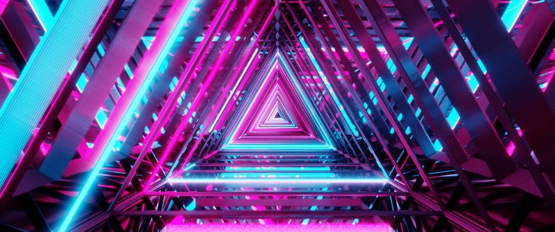 Neon Triangle, Vanishing point, Pattern, Purple, Shape, Geometrical, 5K, 8K