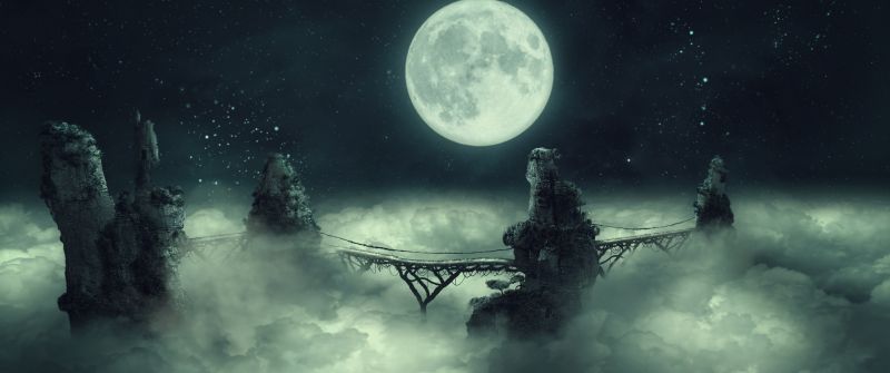 Full moon, Dark Sky, Clouds, Bridge, Starry sky, Surreal, Cliffs, Mystic, Illustration, 5K