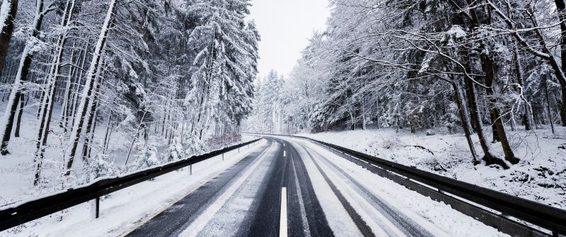 Winter, Road, Forest, Snow covered, Trees