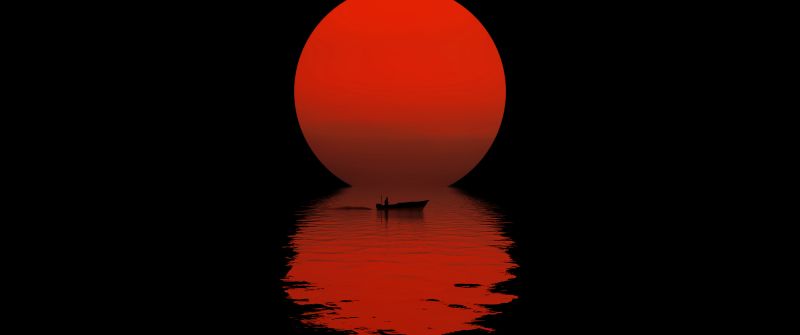 Sun, Boat, Reflection, Night, Silhouette, Dark, Body of Water, AMOLED, 5K, 8K, Simple