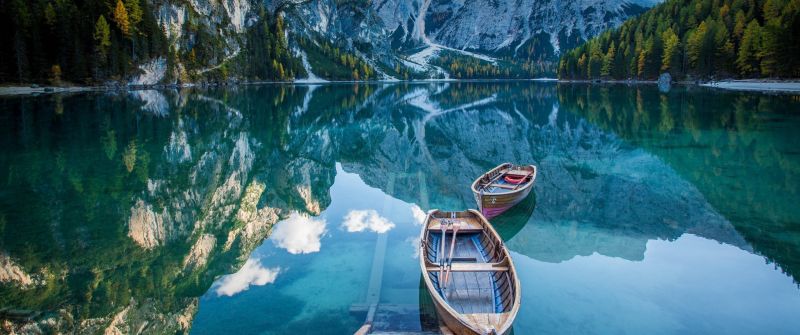 Wooden boat, Mirror Lake, Reflection, Mountain View, Pond, Landscape, Scenery