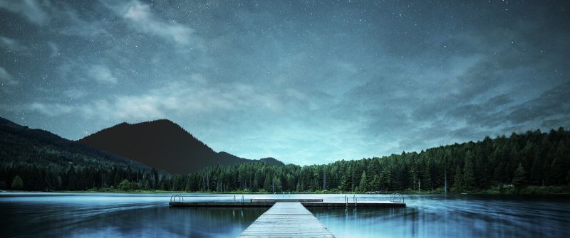 Jetty, Lake, Night sky, Landscape, 5K, 8K