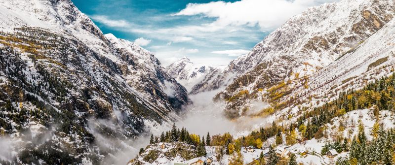 Saint Christophe en Oisans, France, Glacier mountains, Snow covered, Valley, Foggy, Landscape, Scenery, 5K
