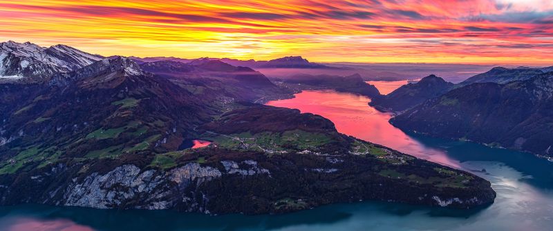 Fronalpstock, Afterglow, Mountain range, Switzerland, Aerial view, Landscape, Dusk, Scenery, Golden hour, Orange sky, Long exposure