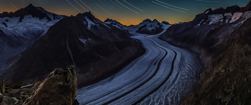 Aletsch Glacier, Star Trails, Night time, Switzerland, Long exposure, Glacier mountains, Landscape, 5K