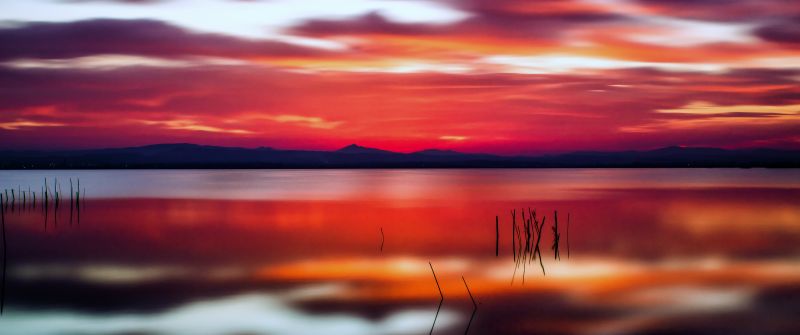 Sunset, Lake, Reflection, Beautiful, Long exposure, Landscape, Scenery, 5K