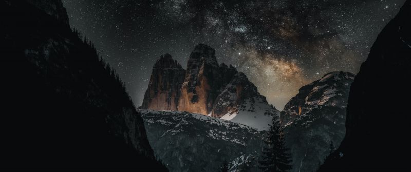 Three peaks of Lavaredo, Dolomites, Italy, Tourist attraction, Milky Way, Starry sky, Mountain Peaks, Snow covered, Night time, Outer space, 5K