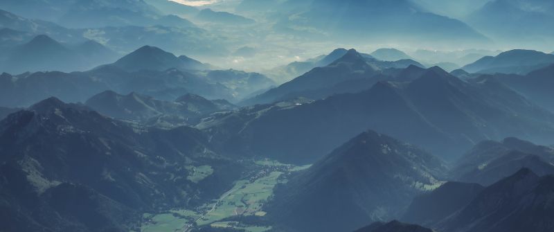 Brandenberg Alps, Austria, Mountain range, Aerial view, Mist, Valley, Landscape, 5K