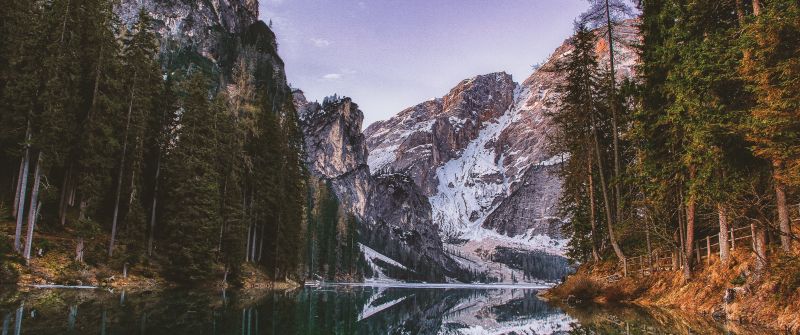 Lakeside, Mountain View, Snow covered, Purple sky, Reflection, Tall Trees, Landscape, Scenery, 5K