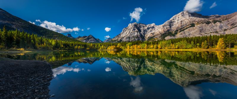 Wedge Pond, Canada, Clear sky, Reflection, Mountains, Green Trees, Landscape, Scenery