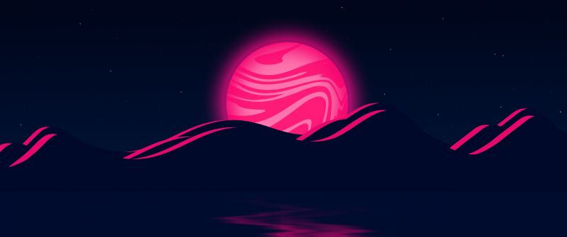 Pink Moon, Mountains, Illustration, Body of Water, Stars, Night, Dark background, 5K, Dark aesthetic