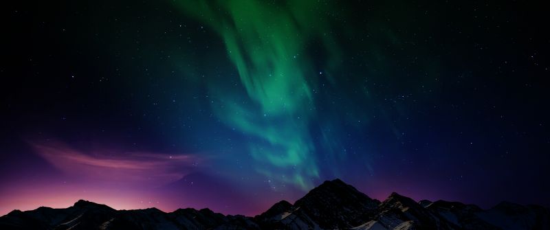 Aurora Borealis, Scenic, Northern Lights, Mountain range, Night time, Starry sky, Landscape, 5K