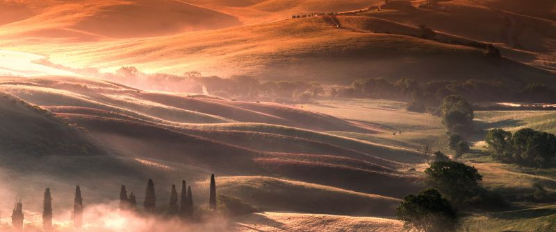 Tuscany, Italy, Countryside, Sunrise, Foggy, Dawn, Landscape, Aerial view, Meadow, 5K