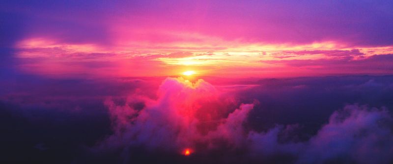Sunset, Dusk, Cloudy Sky, Pink sky, Aerial view, Scenery, 5K
