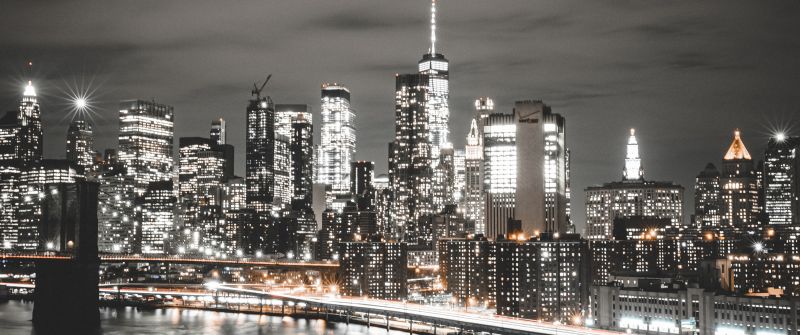 Manhattan Bridge, Brooklyn, Cityscape, Night, City lights, New York City, USA