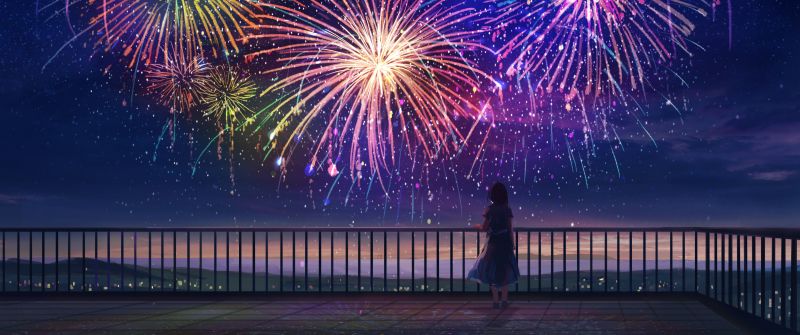 Anime girl, Fireworks, Colorful, Dream, Alone, Mood, Aesthetic