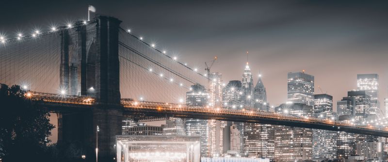 Brooklyn Bridge, Night, City lights, Cityscape, Reflections, Hudson River, Brooklyn, New York, USA