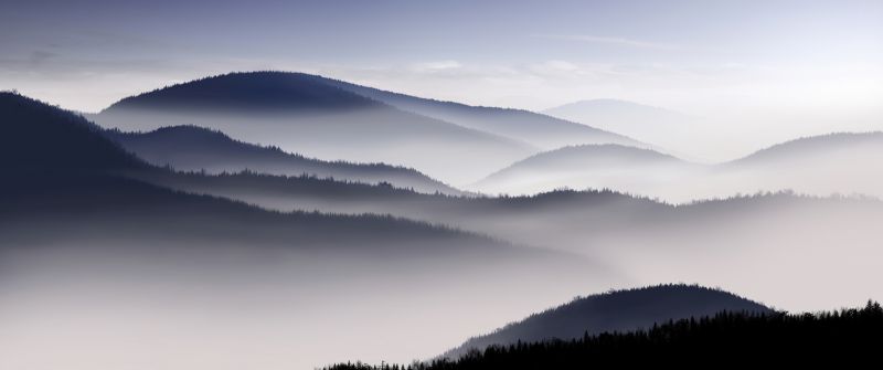 Mountains, Foggy, Dawn, Hills, Morning fog