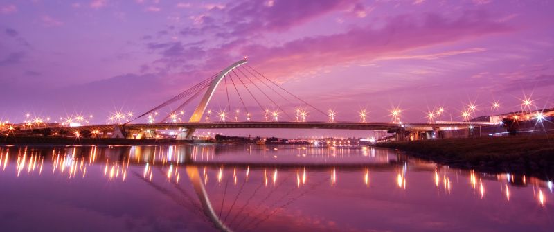 Dazhi Bridge, Taipei, Modern architecture, Sunset, Urban, Night lights, Purple sky, Pink, Taiwan, Reflection