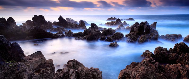 Rocky shore, Seascape, Ocean, Fog, Long exposure, Portugal, Rocks