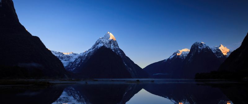 Morning, Sunrise, Blue Sky, Mountains, Reflections, Milford Sound, New Zealand, Body of Water, Lake